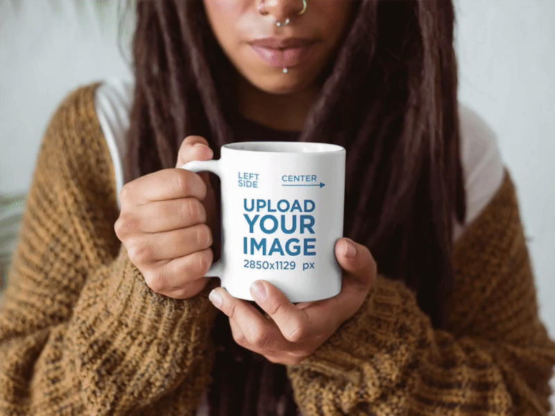 Girl with Dreadlocks Holding a Coffee Cup Mockup Indoors branding cup custom print graphic mug mockup mug mug design template