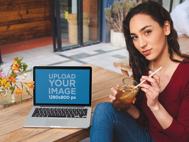 Macbook Mockup Featuring A Pretty Girl Drinking Iced Tea digital mockup macbook macbook pro macbook pro retina mockup ui ux