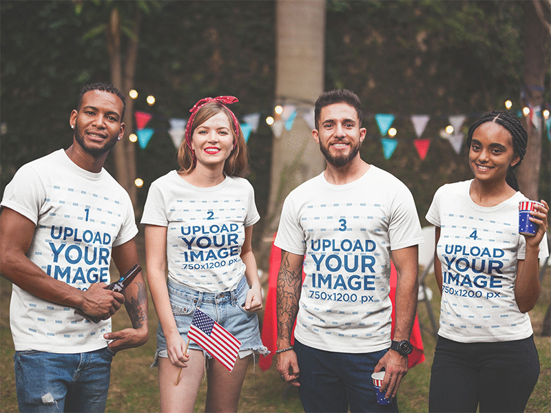 Interracial Group Of Four Friends Wearing Tshirts Mockup At A Bb apparel mockup graphic tee t shirt t shirt design t shirt mockup