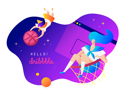 Hello Dribbble! dark dribbble flat girl hello hello dribbble pink purple sailor uniform sailor suit school school uniform space