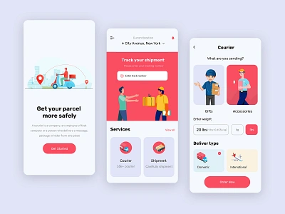 Courier Delivery Mobile App Design branding courier course app delivery delivery service flat design graphic design icon illustration interface logistics mobile ondemand app product shipment shipping tracker uiux design