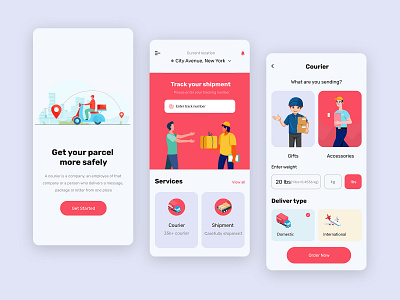 Courier Delivery Mobile App Design branding courier course app delivery delivery service flat design graphic design icon illustration interface logistics mobile ondemand app product shipment shipping tracker uiux design