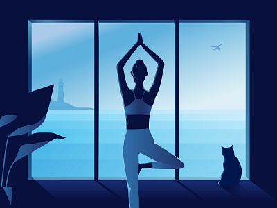 Morning Yoga cat girl illustration ocean sea ui ui插画 yoga 插画 瑜伽