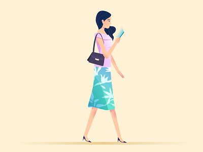 Walking beauty illustration phone walk women