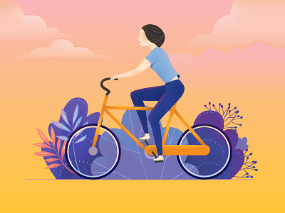 Autumn Riding bike cloud girl illustration plant ride web design