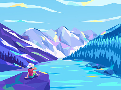 Beautiful View colorful art girl illustration lake low poly moutains snow snow mountain view