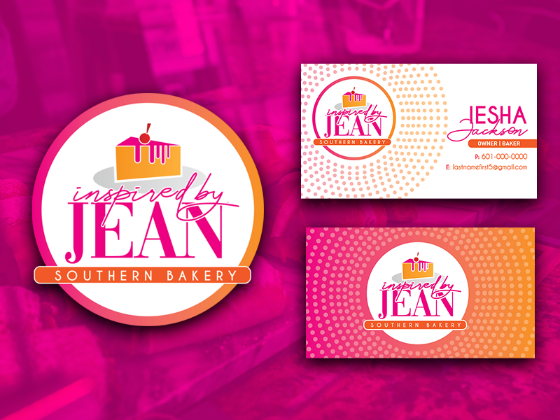 Inspired By Jean (Chosen Logo & Business Cards) dessert gradient orange pink bakery shop southern dots pie pastry bakery busines card business logo design white branding design logo typography illustration