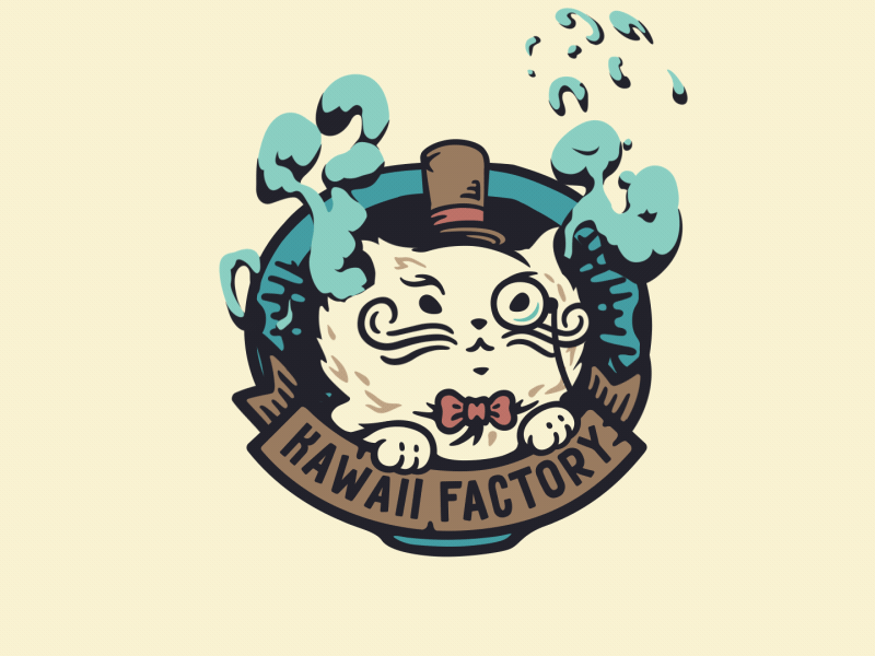 Kawaii Factory cat character cute gentleman glass hat logo animation motiondesignschool moustache smoke