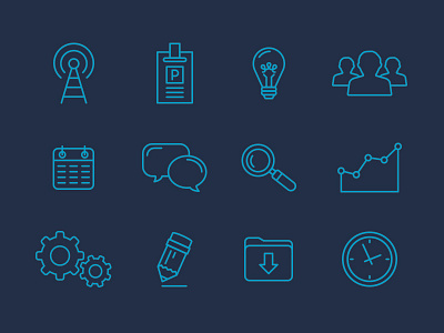 WIP Icons chart clock download gears iconography icons light bulb magnifying glass pencil people press talk bubble