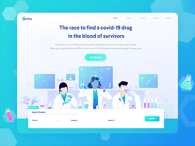 BioVax - Making Antibodies for Covid-19 Sufferers animation antibodies color corona virus covid 19 doctor flat header healthcare heath illustration laboratory landing page medicine scientists ui web design website