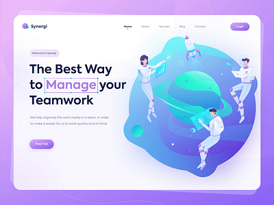 Synergi - Teamwork Management animation app astronaut branding colorful galaxy gradient homepage illustration landing page logo management app organize planet task manager teamwork ui ux vector website