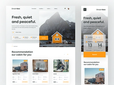 Dreambox - Hotel cabin reservation branding cabin graphic design header holiday hotel hotel app hotel cabin landing page lodging reservation reservation app travel ui ui design uiux vacation web design website
