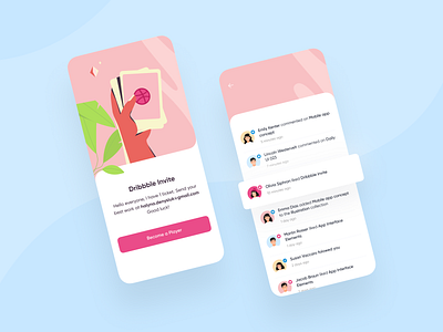 Dribbble Invite 🕵️‍♀️ activity feed button card comment dribbble invite followers hand illustration leaf like mobile design