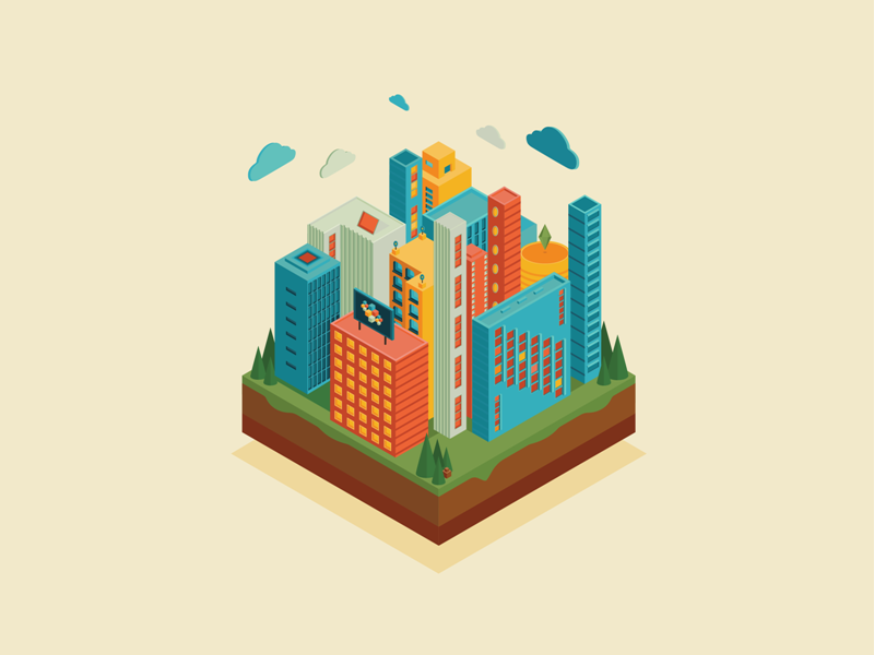 Downtown city roofs building city cloud colorful downtown illustration isometric roof urban window
