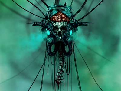 Wise head 2d art boardgame concept cyborg horror illustration sci fi skull steampunk
