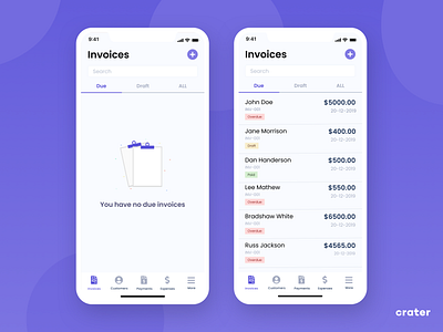 Crater Invoice UI [ React Native | Open Source ] accounting crm dashboard dashboard app free github invoice lists mobile open source portal ui ux