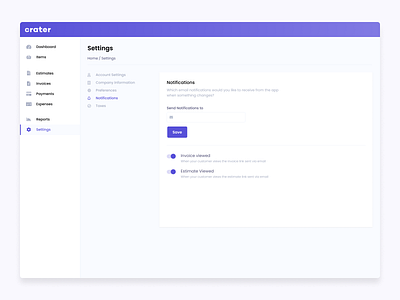 Settings page for Crater accounting crm dashboard dashboard app free github invoice notifications open source settings settings page ui uiux