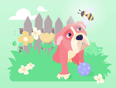 Moana animal bee bulldog dog dog illustration flowers garden nature vector illustration vectorgraphics