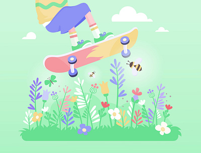 Skater girl flowers garden girl meadow nature park skateboard spring springtime vectorgraphics vectorillustration vectors wildflower