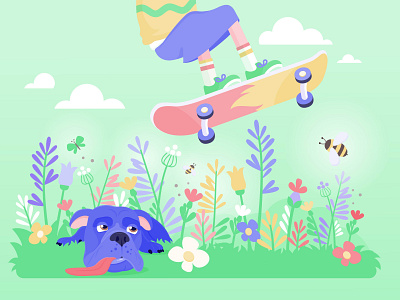 springtime animals bulldog dog flatdesign flowers garden illustration nature skateboard spring vectorgraphics