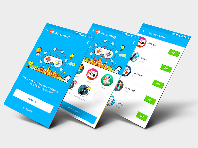 'Get In', 'Play', and 'Get more' illustration games android