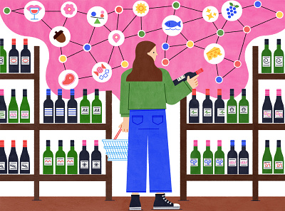 Pairing Wine and Food character colour food food illustration groceries icons infographic mindmap shopping store texture wine woman