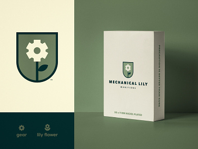 Mechanical Lily Munitions - Packaging Design army badge design box brand brand identity branding cog design double meaning flower logo gear identity designer lettermark logomark logotype designer negative space package packaging smart mark typography