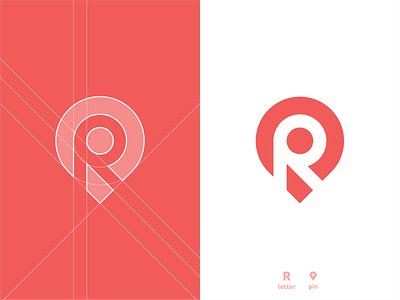 Location map pin pointer + R, PR letter mark monogram, logo icon