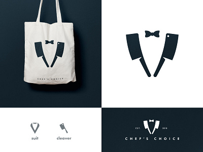 Chef's Choice - Brand Identity Design bag design black and white brand brand identity branding chef cleaver design identity designer lettermark logo logo design logomark logotype designer negative space restaurant logo smart mark suit typography visual identity