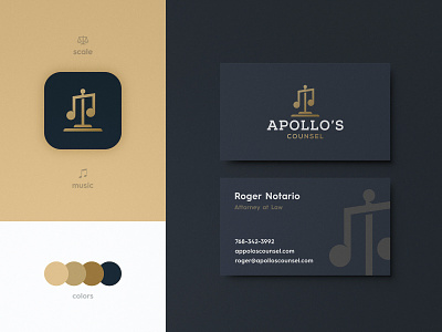 Apollo's Counsel - Business Card Design balance scale brand brand identity branding business card design gold identity designer lettermark logo logo design logomark logotype logotype designer luxury brand music icon negative space serif typeface smart mark typography