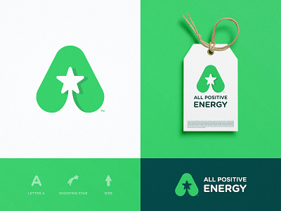 All Positive Energy - Brand Identity Design a letter a day brand brand identity branding branding agency design green app grid layout identity designer label design lettermark logo logo design logomark logotype designer negative space negative space logo shooting star smart mark typography