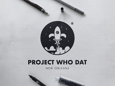Project Who Dat - Black and White Logo circular logo cosmic cosmos fleur de lis futura bold new orleans nfl logotype saints shuttle space design spaceship starship