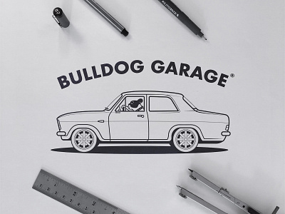 Bulldog Garage - Logo Concept animal logos black and white bulldog car logo design art dog illustration garage linework logotype designer logotypedesign mascot character mascotlogo