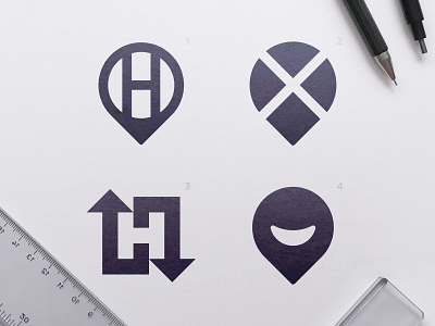 Hobbiez - Logo Concepts arrow arrows black and white blackandwhite h letter location pin logomark negative space negativespace smile logo smiley face x