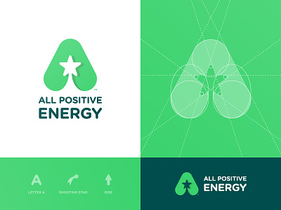 All Positive Energy - Brand Identity a letter a day brand brand identity branding design green app grid design identity identity designer illustration lettermark logo logo design logomark logotype designer negative space negative space logo shooting star smart mark typography