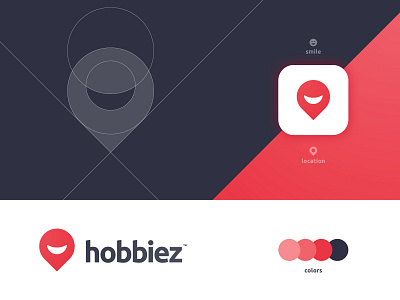 Hobbiez - Logo Design app logo design brand identity branding grid layout human location pin logomark logotype designer negative space smart mark smile smiley face