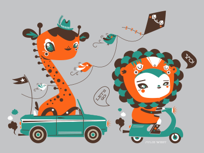 Let's Go a a scooter and birds car driving giraffe illustration kite lion vector woo