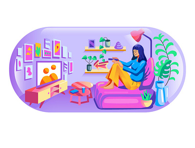 Streaming in Tiny Room Capsule app bedroom branding capsule design entertainment flat house illustration livingroom minimal streaming tiny ui vector watching website