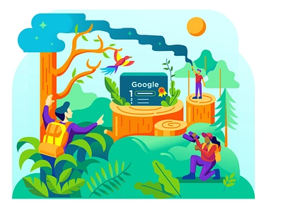 Explorer Find Best Campaign Google Ads adventure ai app branding design explorer flat forest google illustration land logo minimal mount search trees ui vector website