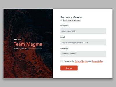 Team Magma Sign Up designer flat minimal pokemon signup team magma typography ui uidesign uiux ux uxdesign web design website