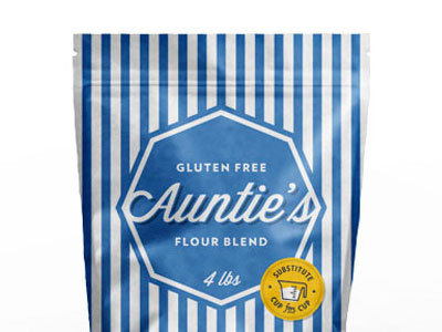 Auntie's Gluten Free Flour Packaging badge bag blue flour free gluten packaging retro script striped stripes vintage