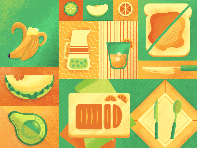 Morning Feast! animation avocado banana feast food gif icon illustration melon orange texture