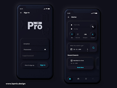 ProKit - Android & iOS UI Kit app design app ui bus book soft ui bus booking app dark soft ui dark ui mobile app ui kit prokit skeuomorphic design soft ui screen softui travel travel app design ui kit design template