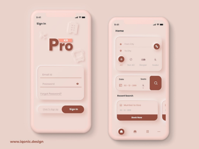 ProKit - Android & iOS UI Kit booking app bus book app rose gold app dubble shadow app travel app soft ui app design bus booking app travelapp softui