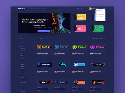 Alerthon Library alerthon casino dark mode dark ui design ecommerce esports gambling gaming gradient marketplace ninja streamer twitch twitch.tv ui