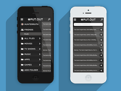 PUT.OUT (put.io x-platform mobile app) black charcoal flat interface ios iphone menu search sliding sliding menu ui