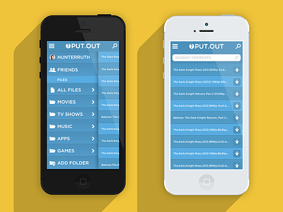 PUT.OUT (put.io x-platform mobile app) Color 1/8 app blue iphone iphone 5 mockup slide menu sliding sliding menu ui yellow