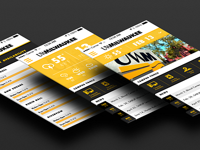 UWM University App Concept black flat iphone milwaukee mockup ui university weather yellow