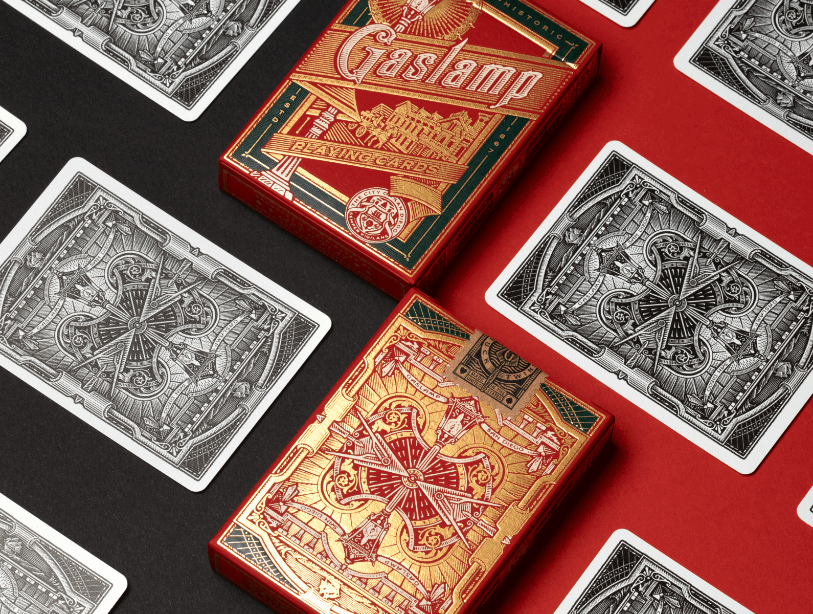 Gaslamp Playing Cards americana design folklore gold foil hand drawn illustration lettering playing cards tuck case typography vector victorian vintage woodcut