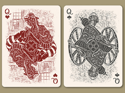 Queens grunge hand drawn hearts illustration playing cards spades vintage woodcut